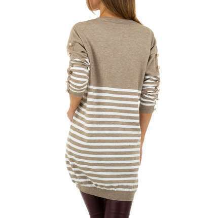 Long V-Neck Stripe Sweater - Beige/Brown