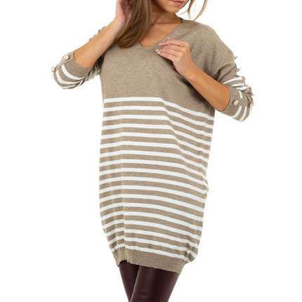 Long V-Neck Stripe Sweater - Beige/Brown