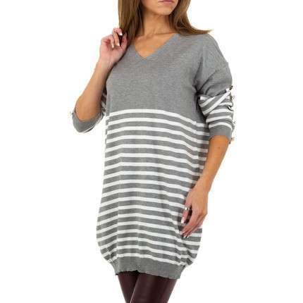 Long V-Neck Stripe Sweater - Grey