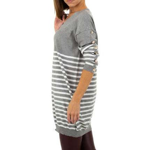 Long V-Neck Stripe Sweater - Grey