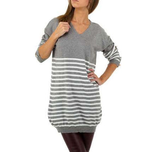 Long V-Neck Stripe Sweater - Grey
