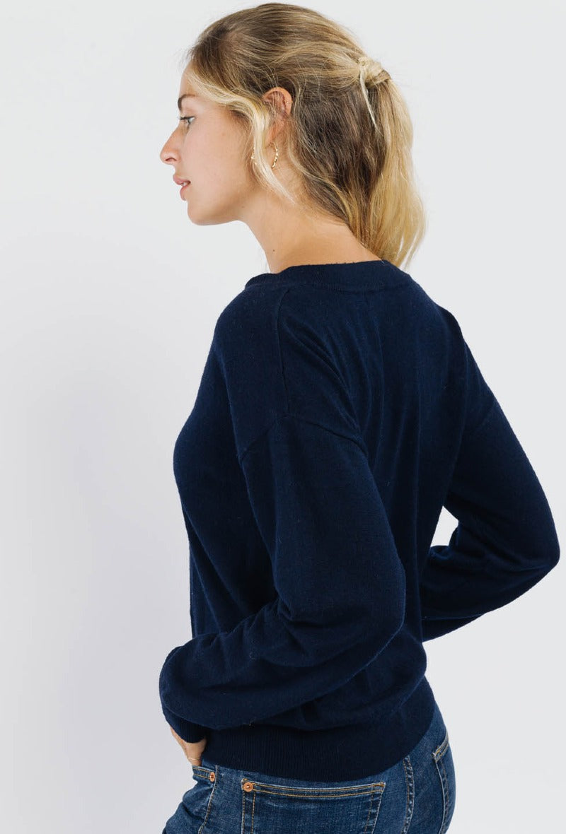 V-Neck Fine Knit Jumper Grey/Navy