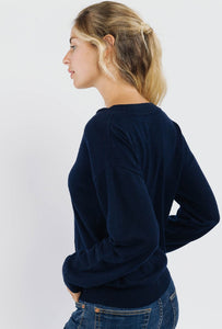 V-Neck Fine Knit Jumper Grey/Navy